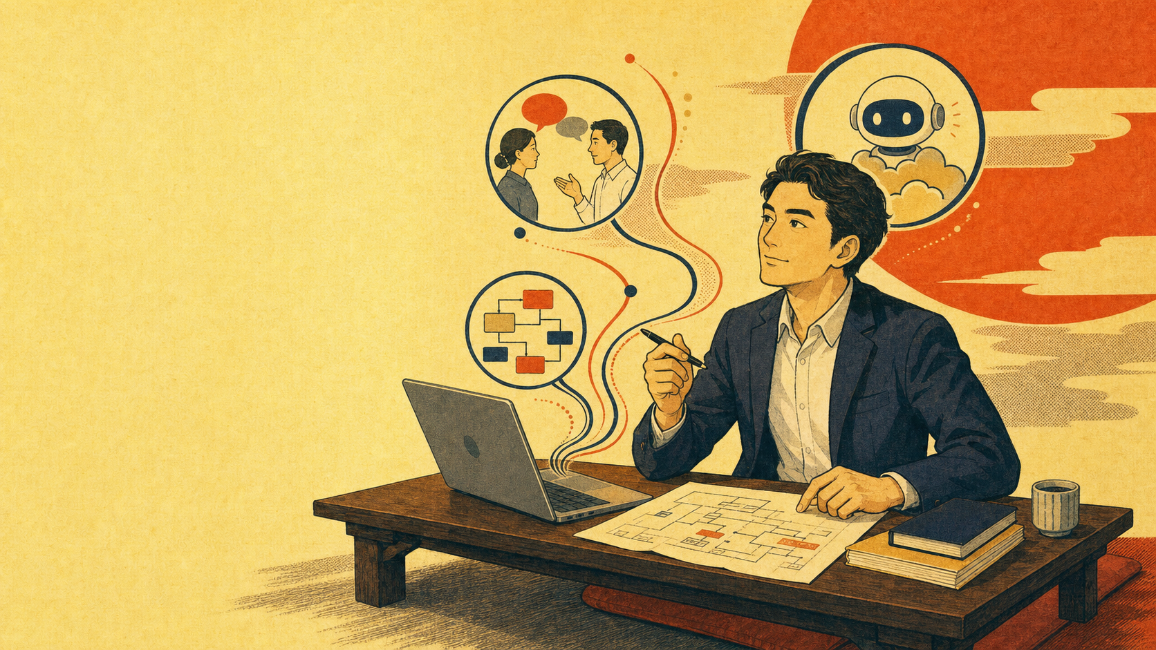 課題を整理し、AI活用の計画を考えるエンジニアのヴィンテージ広告調イラスト