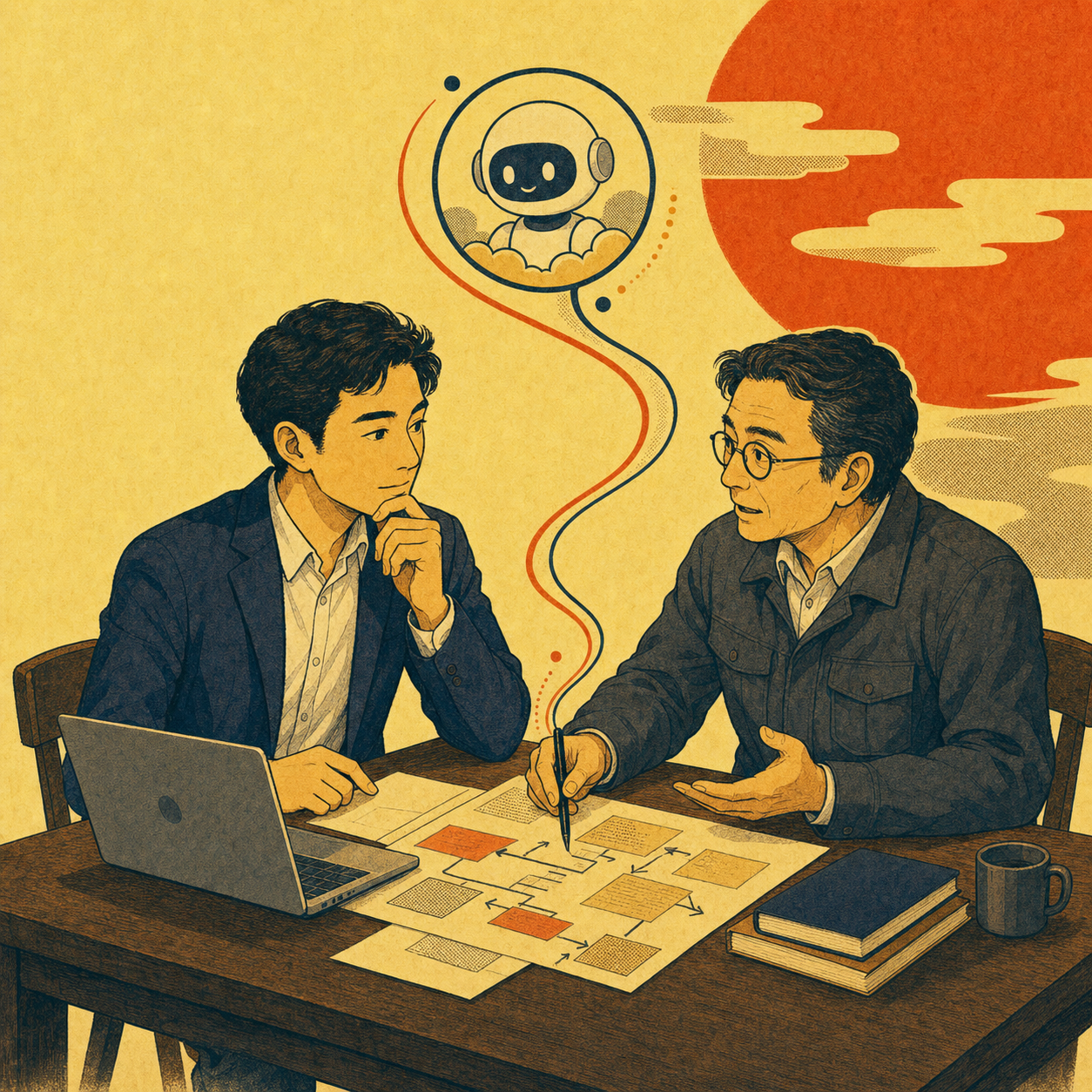事業課題を相談する経営者とエンジニアのイラスト